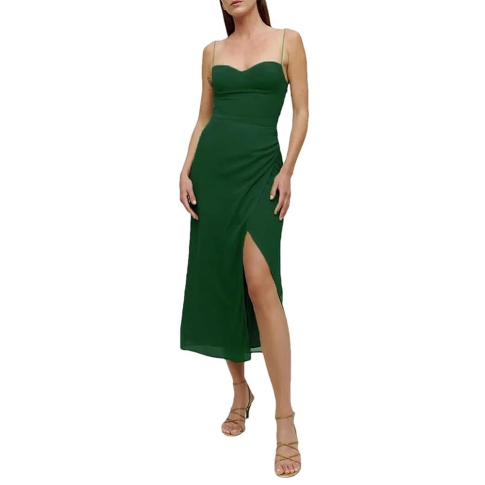 Emerald Midi Dress Spaghetti Strap Sweetheart Neck Side Slit Kourtney generic